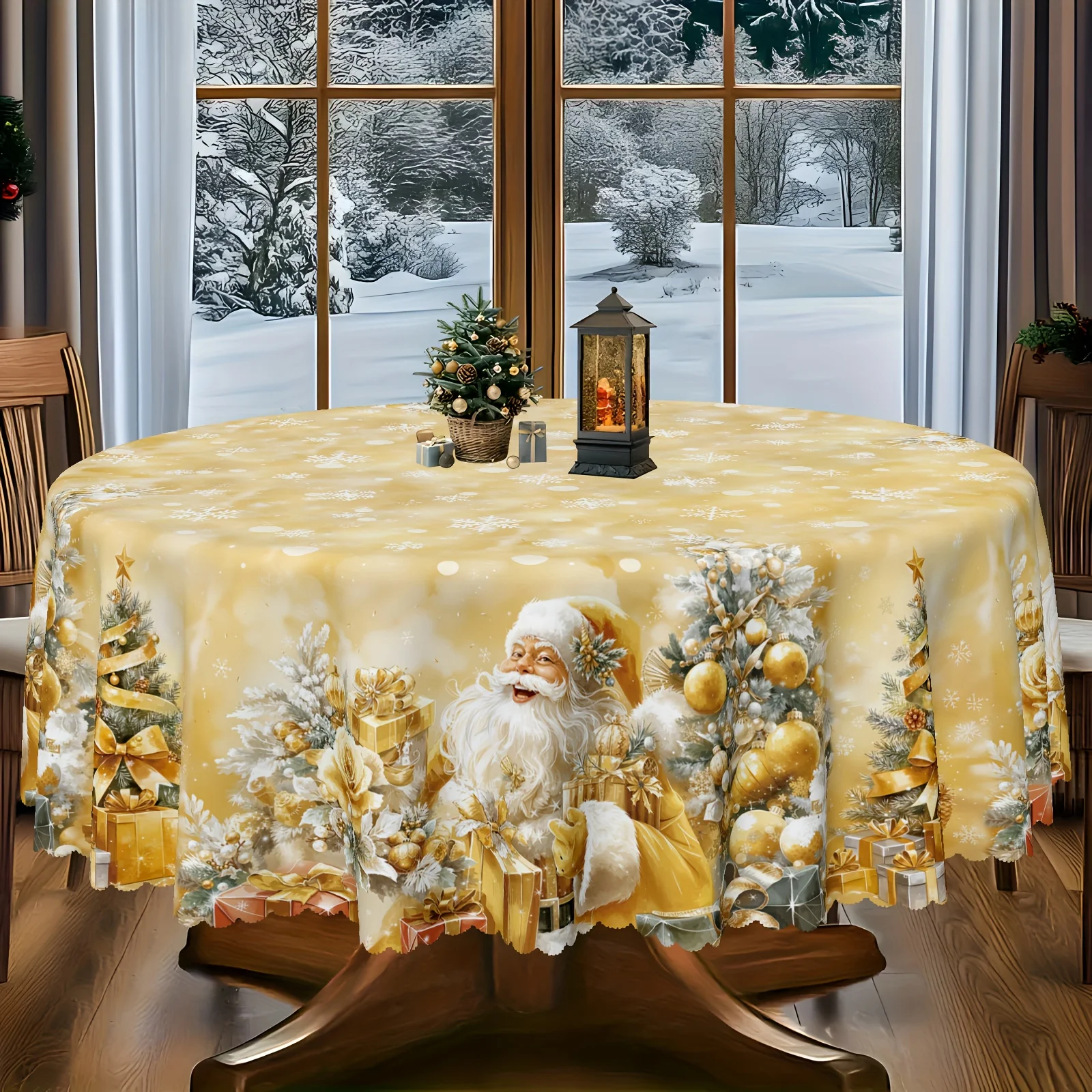 1Pc golden yellow dream Christmas tablecloth, tablecloth embellished with white snowflake printing, suitable for Christmas