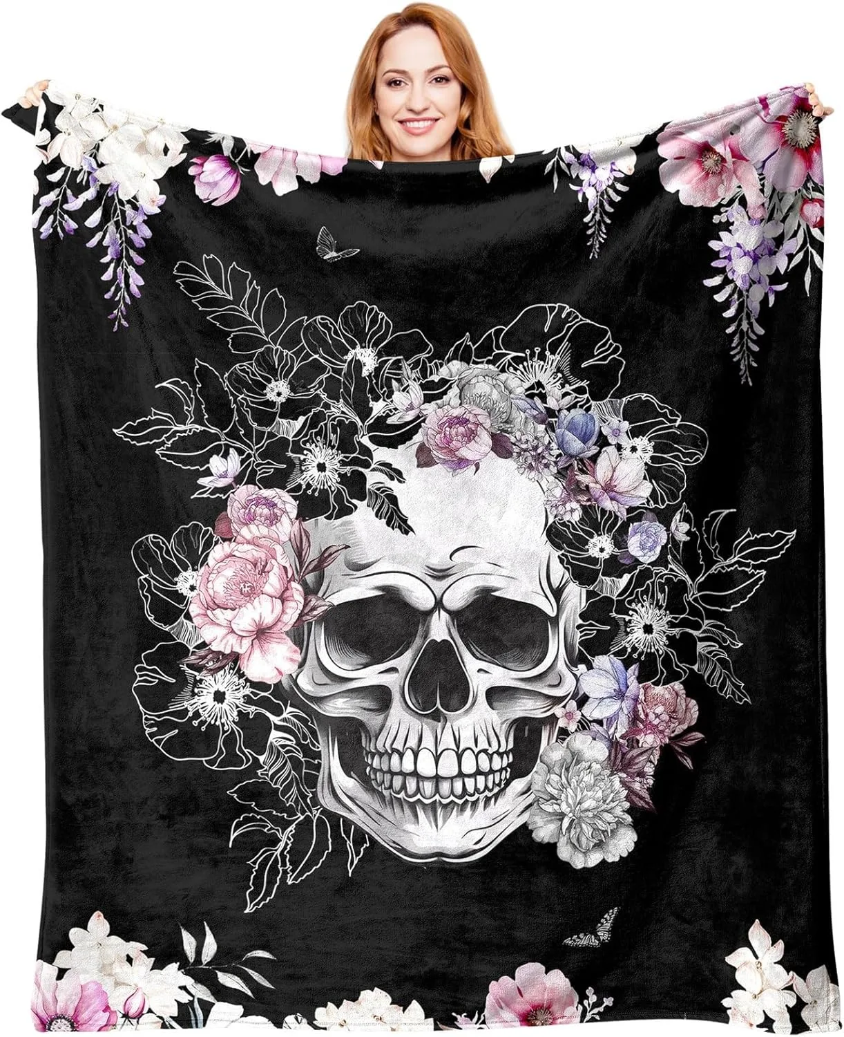 1 x Halloween-Thema, Überwurf, Skelett, Totenkopf, Blumen, Gothic-Kunst, dünne Decke, Geschenke für Couch, Bett, Auto, Zuhause, Camping, alle Jahreszeiten