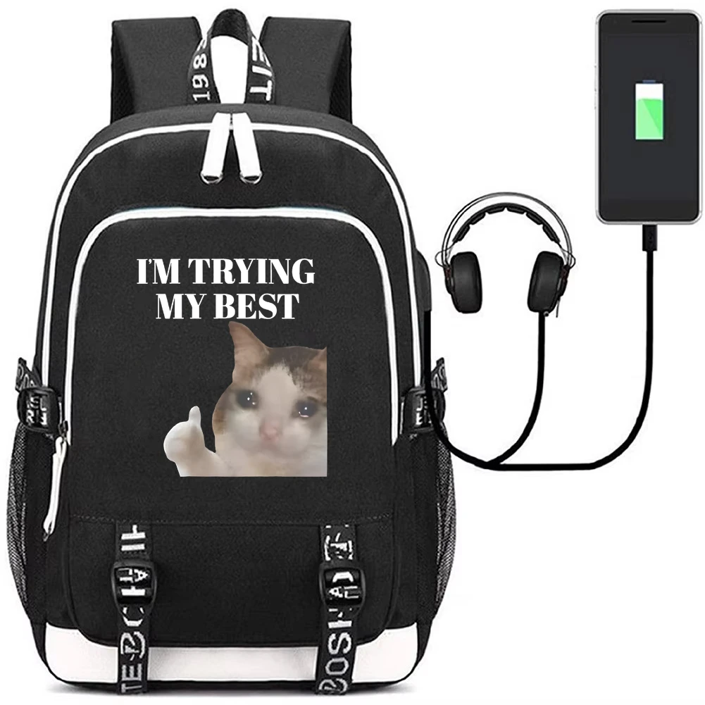 I'm Trying My Best Funny Crying Cat Backpack with USB Charging Port Cute Cat Bookbag Laptop Bag for Students Funny Meme Mochila