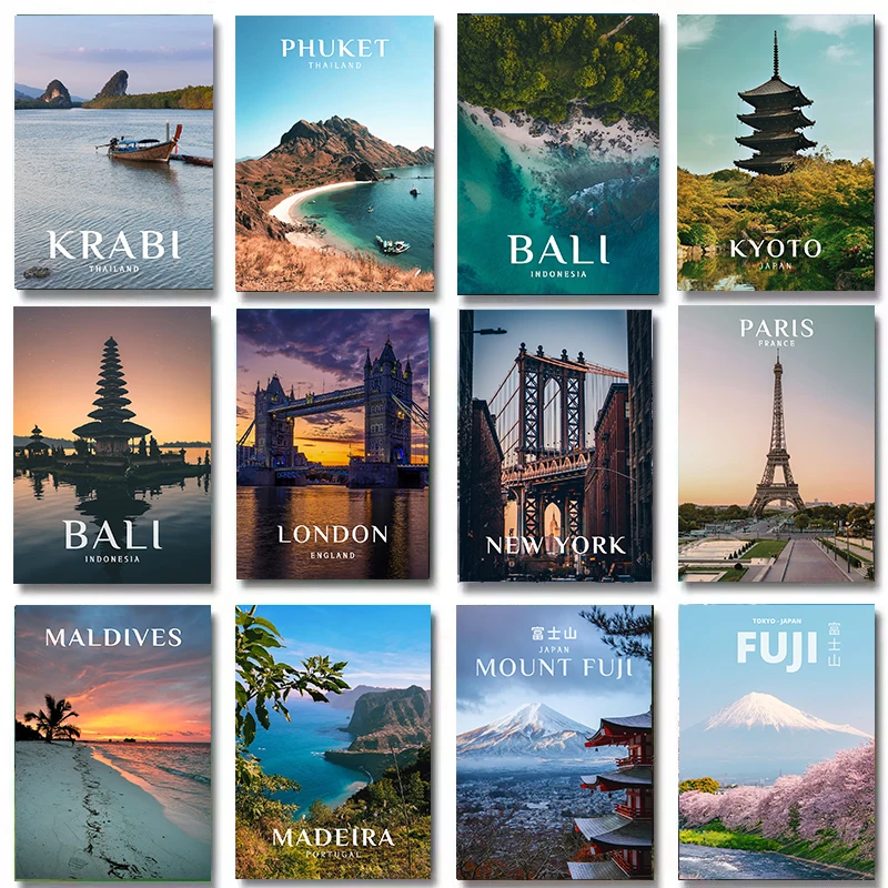 World Famous Tourist Cities Poster Prints London Paris Bali City Travel Wall Art Canvas Painting Picture Home Living Room Dec