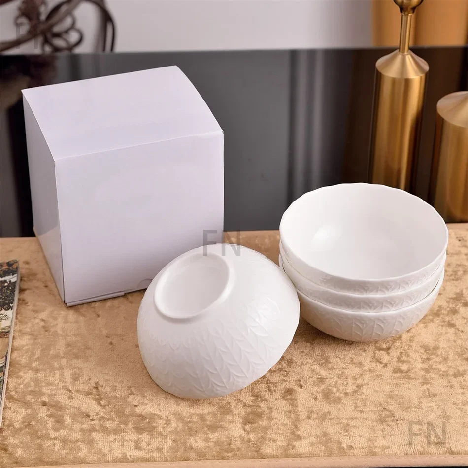 Vintage Silk White Relief Bone china Ceramic Bowls Set Home Pretty Salad Bowl Double-ear Soup Bowl Noodle and Rice Bowls