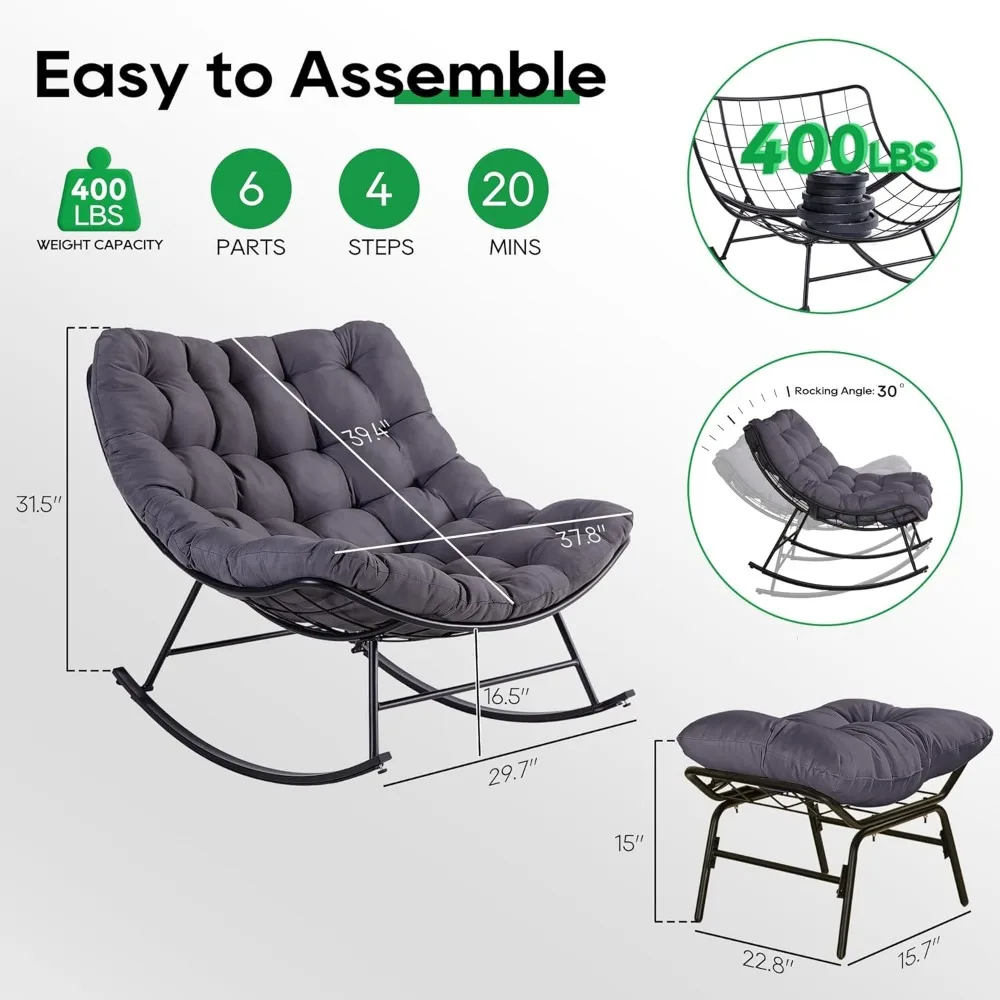 Sedia reclinabile per lettura uova per esterni e interni, comodo lounge rocker reale oversize con ampio cuscino e ottomano per camera da letto