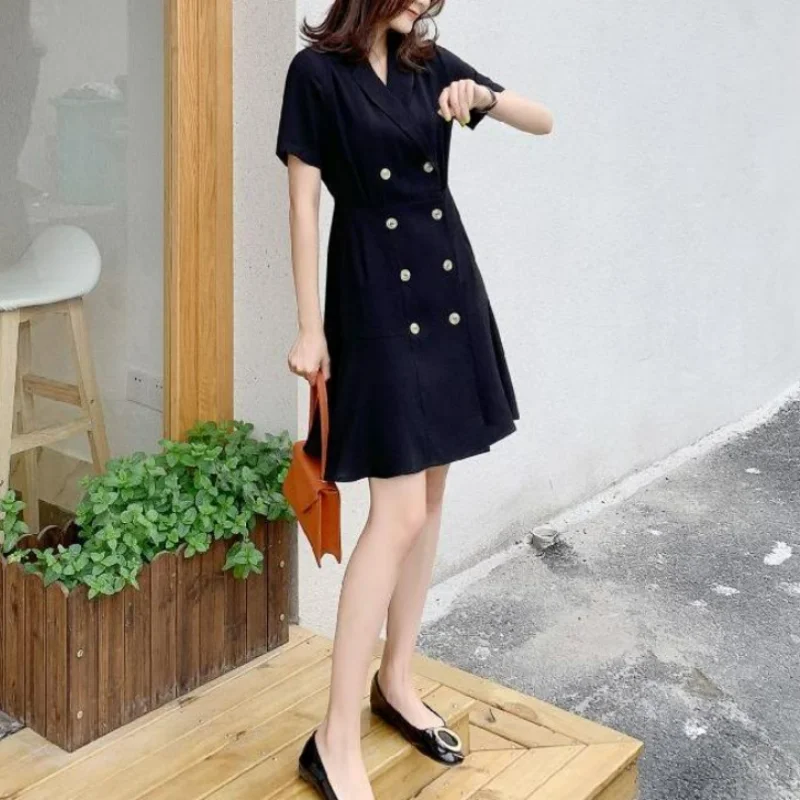 Spring Summer Solid Slim Suit Dress Temperament Office Lady Fashion Double Breasted Short Sleeve Simple Business Attire Dresses