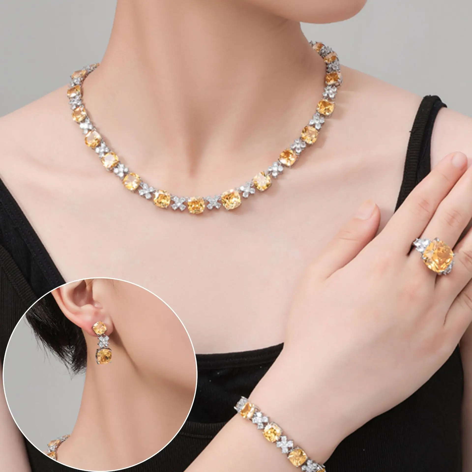 

Bride's Zircon Necklace, Earrings, Rings, Bracelets, Four Piece Set of Jewelry