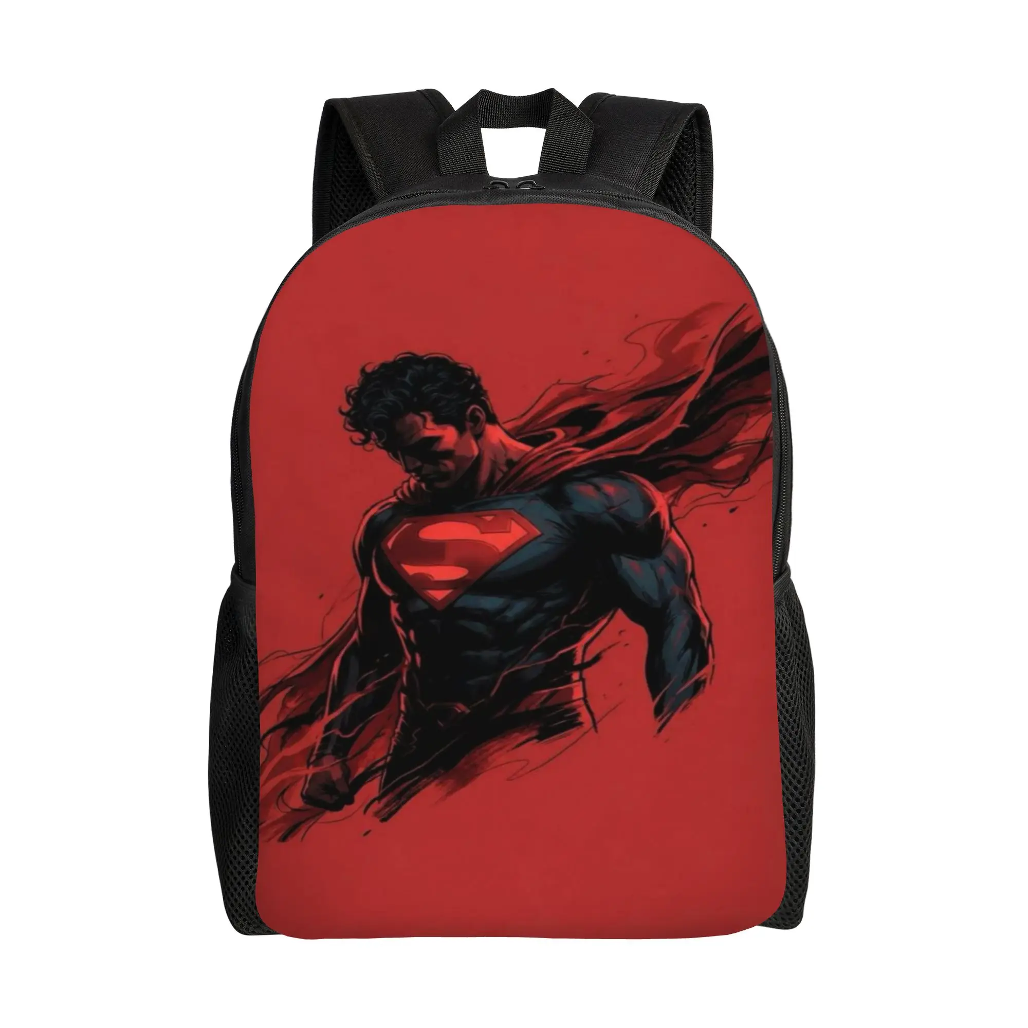 Back to school season Dark Sketch Red Background Superman Hero Schoolbag  College Student Solid Backpack