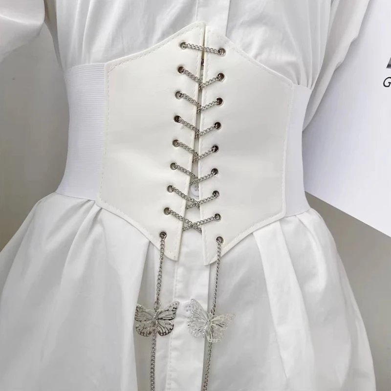 Женский модный корсет с широким поясом из искусственной кожи, эластичный пояс для похудения, цепочка с бабочками, готическое платье, универсальные пояса