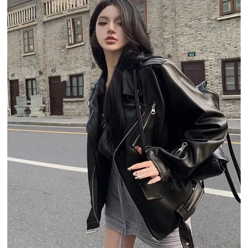 

American Ladies Fashion Faux Leather Tops 2025 Women High-grade Locomotive PU Leather Jacket Autumn Female Casual Leather Coat
