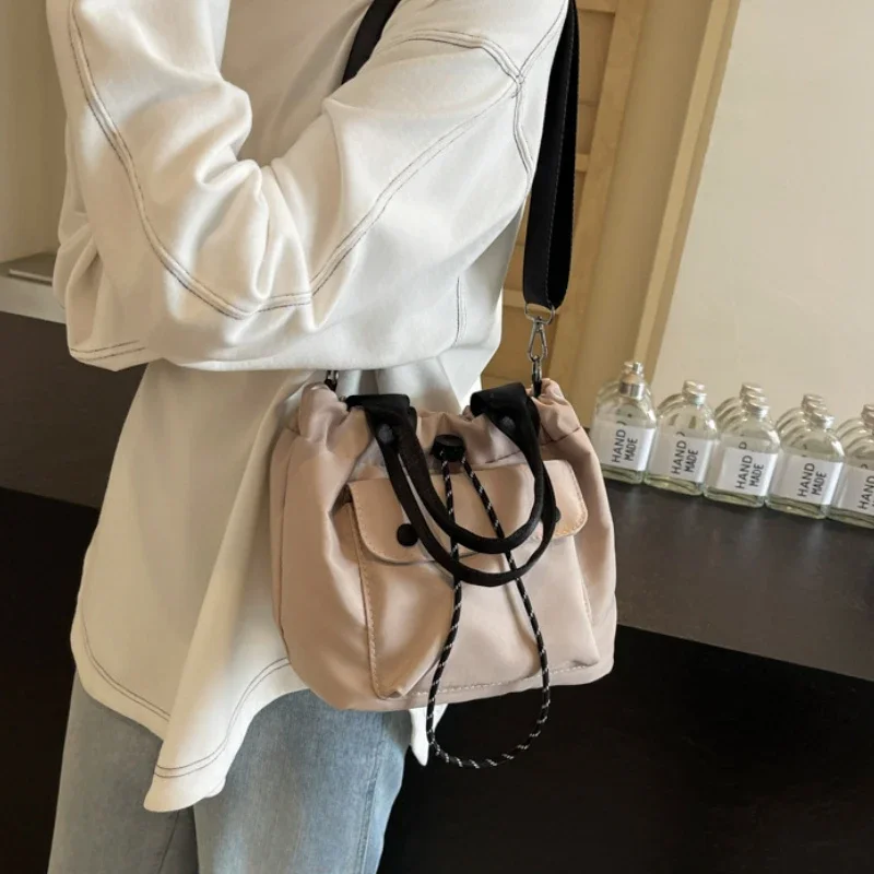 Casual Small Drawstring Bucket Handle Bag Waterproof Lightweight Practical Nylon Crossbody Bag Adjustable Strap Shoulder Bag