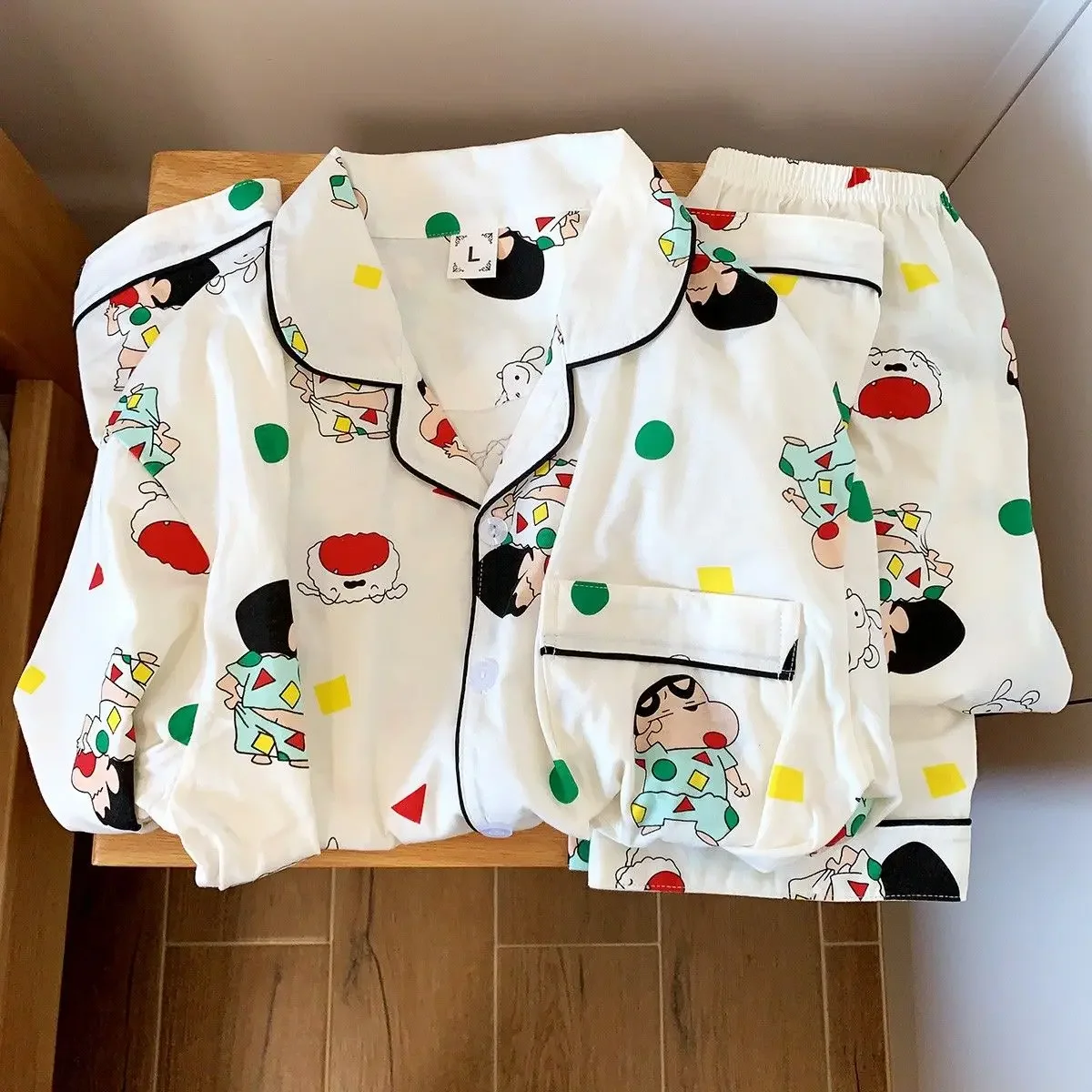 Cartoon Anime Crayon Shin chan Sleepwear Cotton Loose Casual Couple Home Clothes Girls' Cardigan Long Sleeve Set Autumn gift