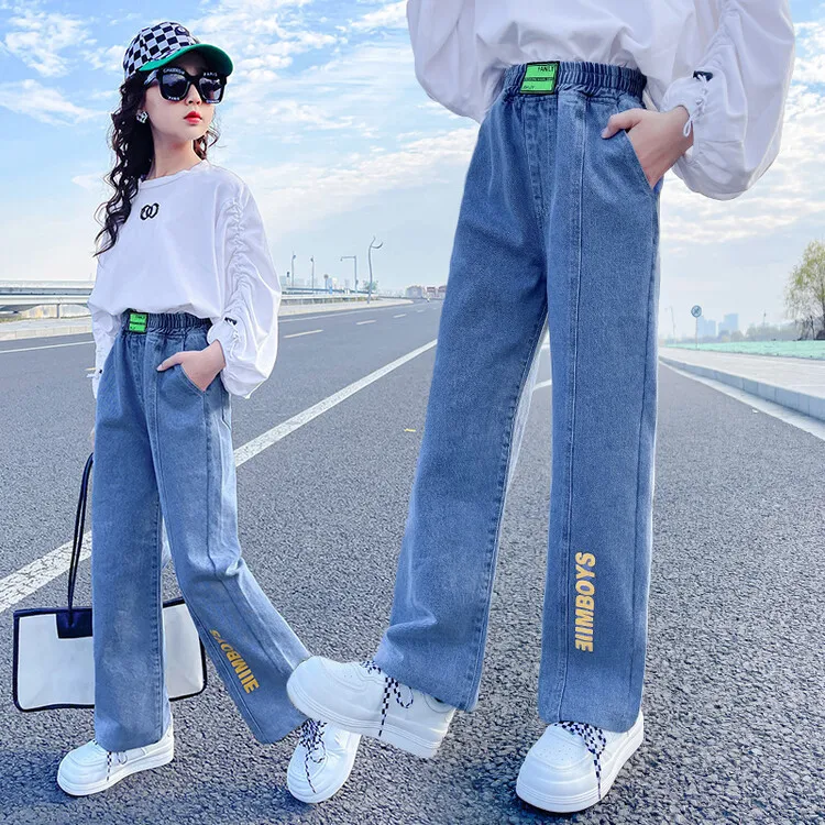 New Autumn 2-12 Years Kid Girls Jeans High Waist Loose Letter Print Baby Girls Trousers Straight Elastic Children Girls Pants