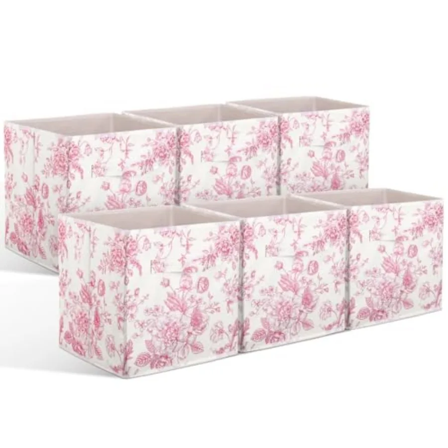 

Geelin 6 Pcs Floral Cube Storage Bins 11 Inch Storage Basket with Handle, Preppy Girls Organizer Basket, Collapsible Fabric Bo