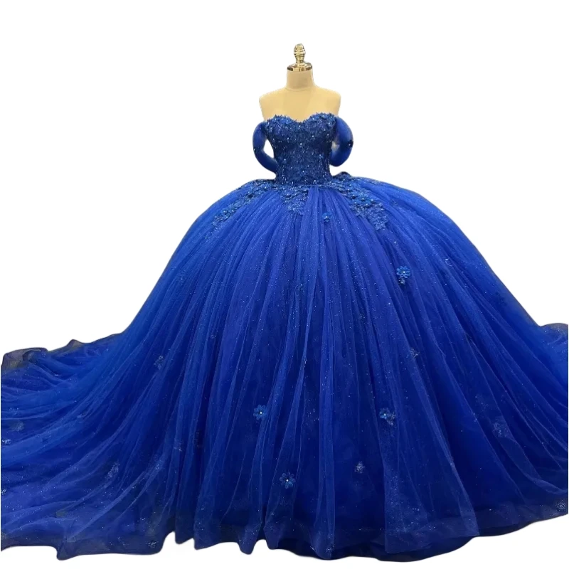 Customized Royal Blue Prom Dresses Sweet 15 16 Year Girl Off Shoulder Lace Applique Vestido De xv Anos Quinceanera Party Gown