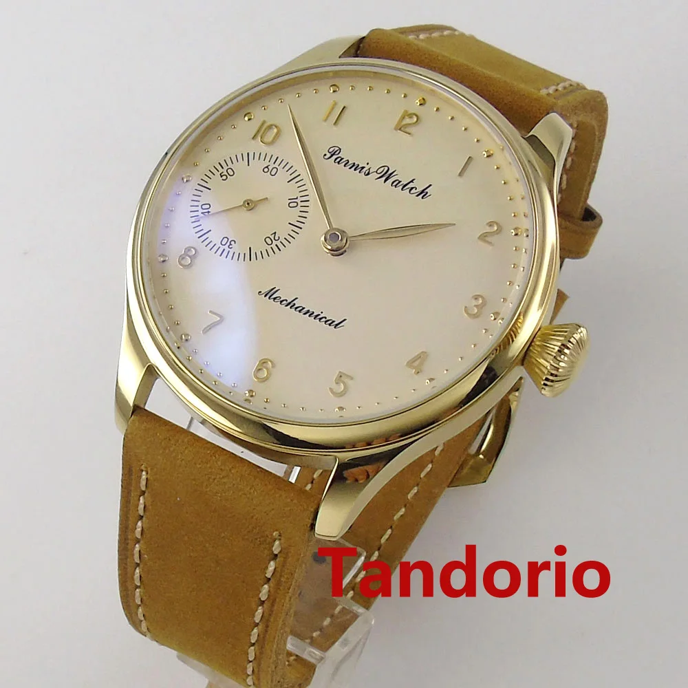 

44mm Parnis Fashion 6497 Hand Winding Movement Beige Dial Golden Plated Polished Men Watch Glass Back Small Dial Leather Strap