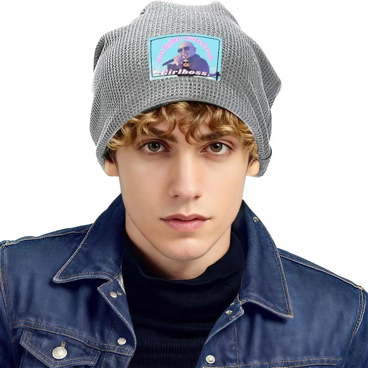 Mr. Worldwide Says To Girlboss Waffle Knit Fleece Lined Beanie with PU Leather Patch Unisex Warm Winter Soft Cap