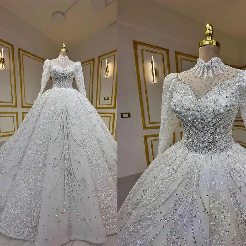 

Exquisite Ball Gown Wedding Dresses High Neck Long Sleeve Sequins Bridal Gowns Pearl Beadeds Vestido De Novia Custom Made