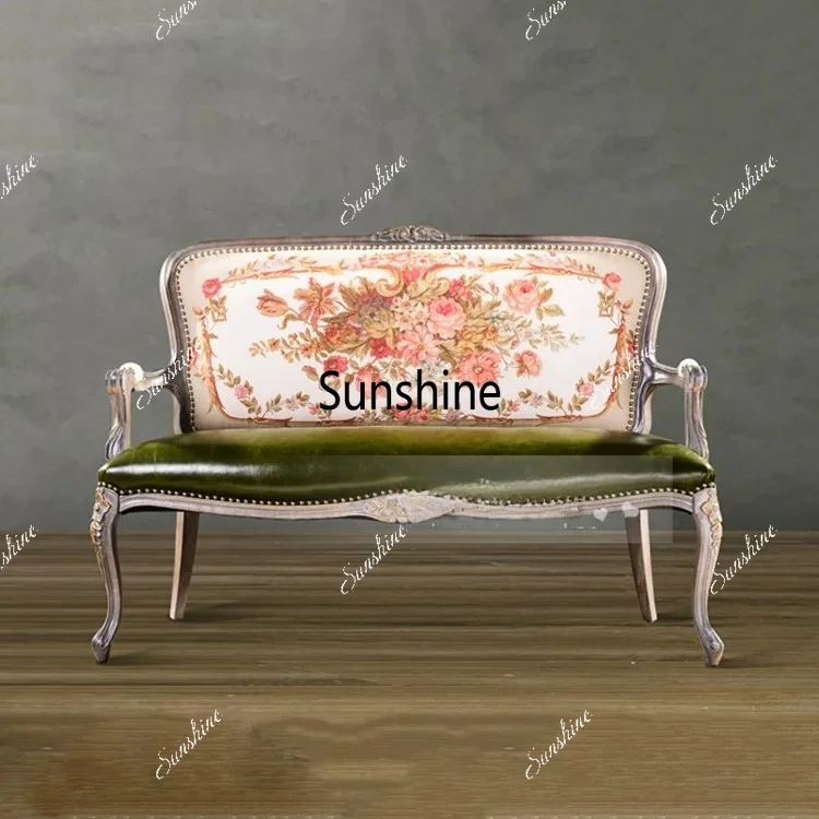 American rural retro solid wood double sofa, small living room