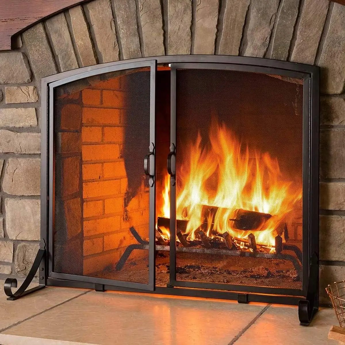 39x33 Fireplace Screen Black w/Magnetic Doors Wrought Iron Mesh 1 Panel Fire Door Freestanding Cover Decorative Spark Guard