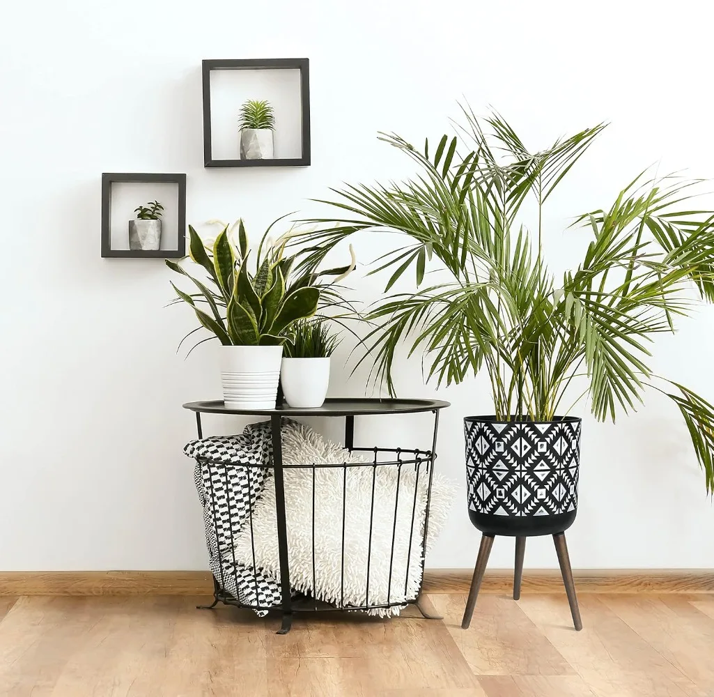 14 Inch Plant Pot with Stand, Mid-Century Tall Planter Pot with Legs for Indoor Plants, X-Large, Charcoal Grey/White, 88-G-D-4