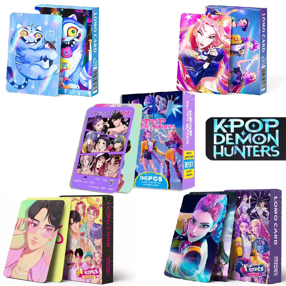 

92/30pcs Kpop Demon Hunters Cartoon Cards and stickers Kids Party Card Collection Girls Boys Group HD LOMO Cards for Fans gift