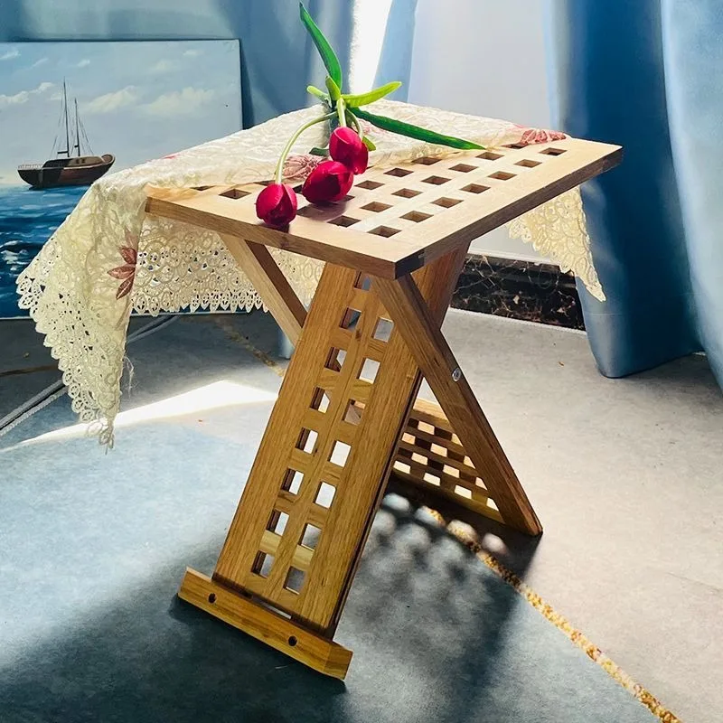Solid Wood Balcony Coffee Tables Square Grid Portable Fold Bedside Table Nordic Simple Countryside Non-install Home Furniture