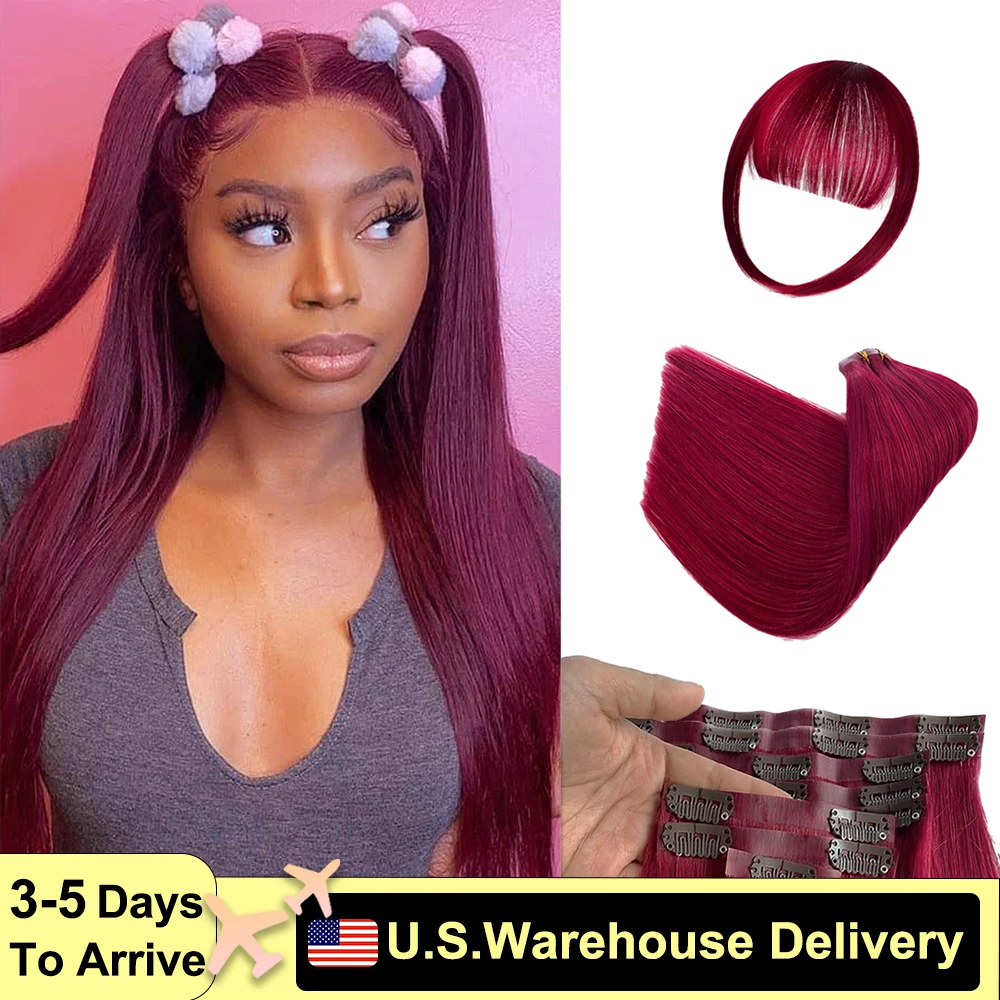 99J Burgundy Red 10Pcs/Set 140g Clip In Hair Extensions Clip On Bangs 16A Grade Clip Ins Human Clips Ins Remy Human Hair