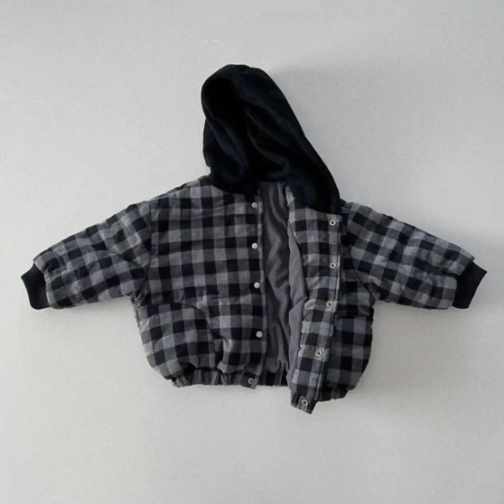 

2025 Winter New Children Warm Hooded Coat Plus Velvet Thick Baby Girls Vintage Plaid Coat Kids Boys Cotton Padded Jacket