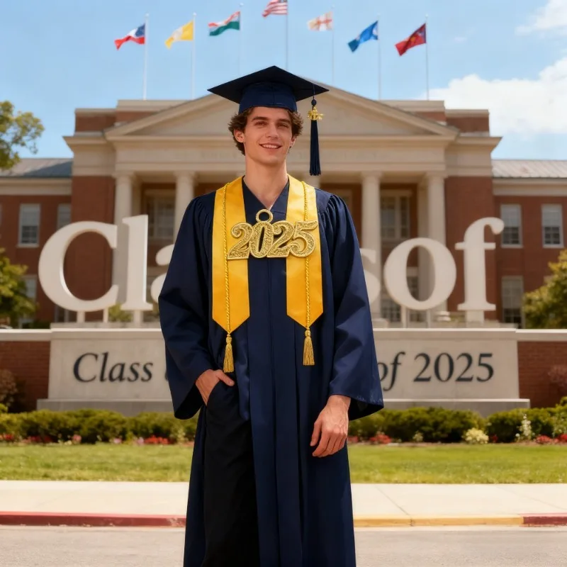 

Standard 4 Piece Graduation Gown Set for College High School Students Complete Cap Tassel Hood and Stole