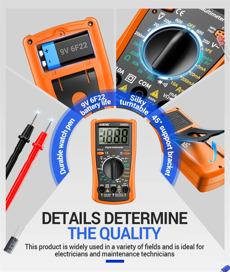 Multifunktionales ANENG DM850 Multimeter, 1999 Zähler, Summer, Datenhaltefunktion, Transistor, Haushaltsstromkreis, Elektrisches Reparaturmessgerät, Werkzeuge – Detail 5