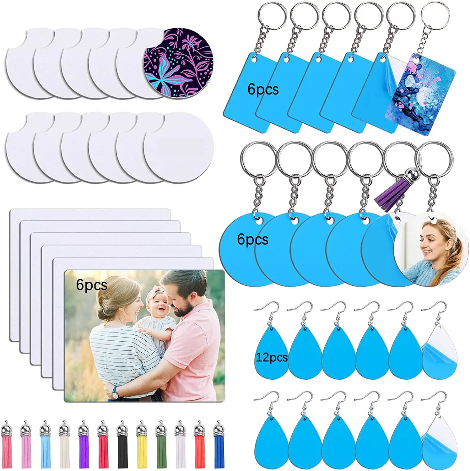 

HTVRONT 42Pcs Sublimation Blanks Keychain Set Heat Transfer Keychains Ornament Blank With Key Rings Double-Side Printed DIY