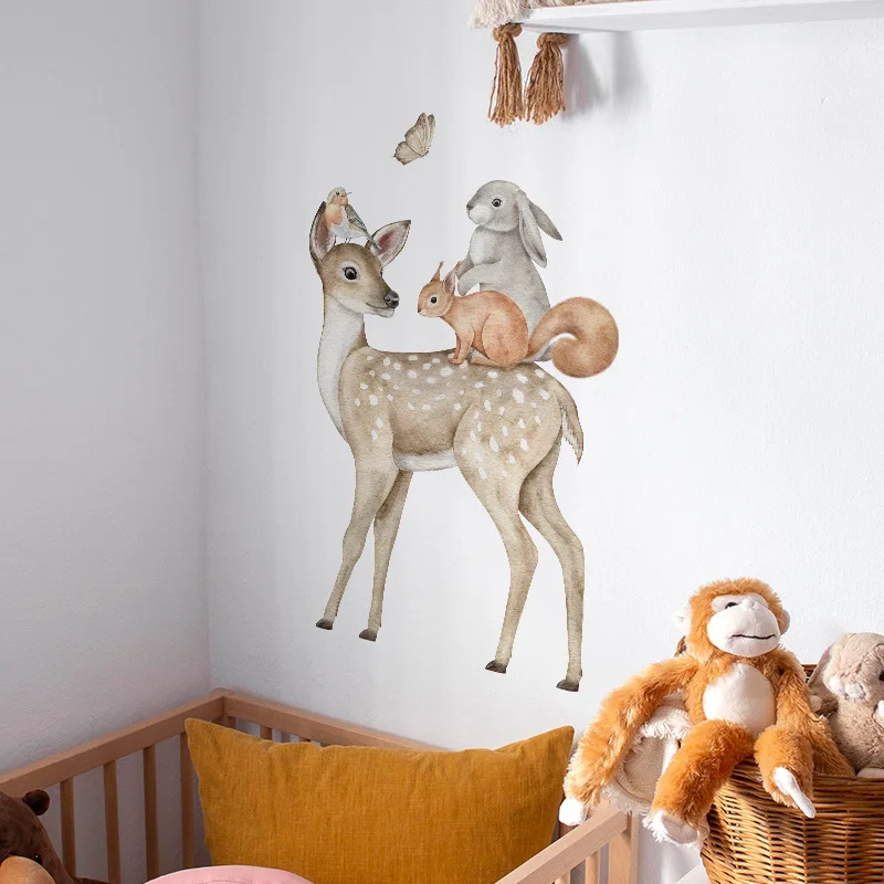 Cartoon Animal Sika Deer Fox Rabbit Children's Room Kindergarten Background Decorative Wall Stickers Room Decoration