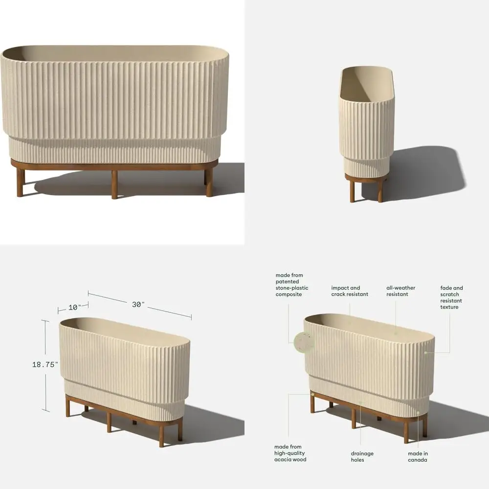 

Raised Long Planter for Indoor/Outdoor Use | Plastic and Stone Material with Wooden Stand | Modern Patio Decorative Planter