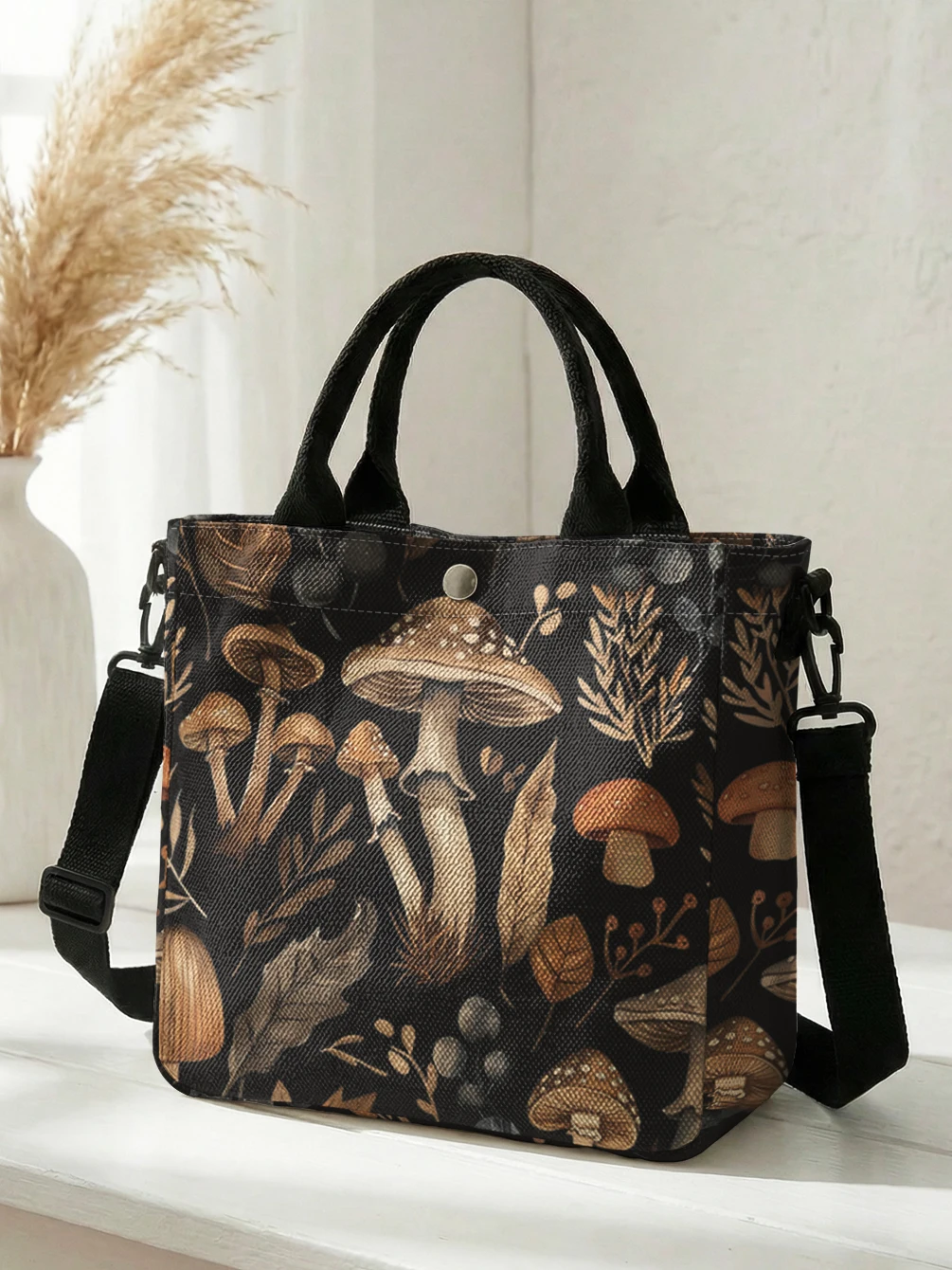 Vintage Mushroom Leaf Botanical Print Tote Bag Detachable Strap Crossbody Handbag For Women Daily Shopping