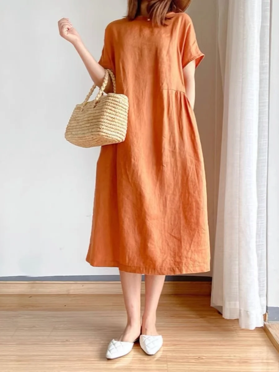Loose Fit Linen Kimono Style Dress Women's Simple Artistic Summer Fashion plus Size Midi Skirt Casual Commute Soft Material