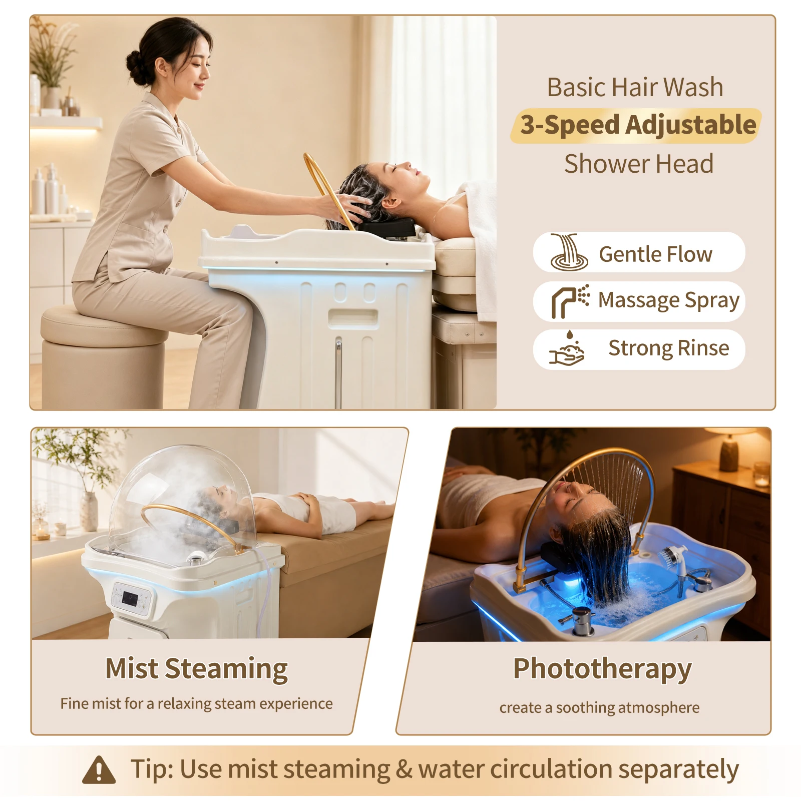 Mobile Shampoo Bowl Head Therapy Sink Thermostatic Circulating Water Head Spa Basin, Free of Water Line for Barber Beauty Salo