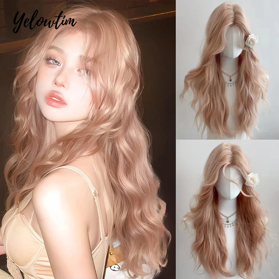 

30Inch Orange Brown Synthetic Wig Ladies Middle Part Natural Large Waves Long Curly Hair Daily Cosplay High Temperature Silk
