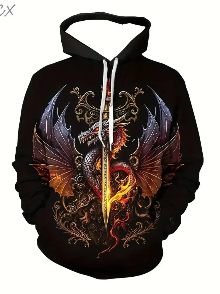 Nowa bluza 3D Purple Flame Dragon Graphic ze sznurkiem Pullover Hoodies Harajuku Kangaroo Pocket Long Sleeve Men Clothes — zdjęcie 2