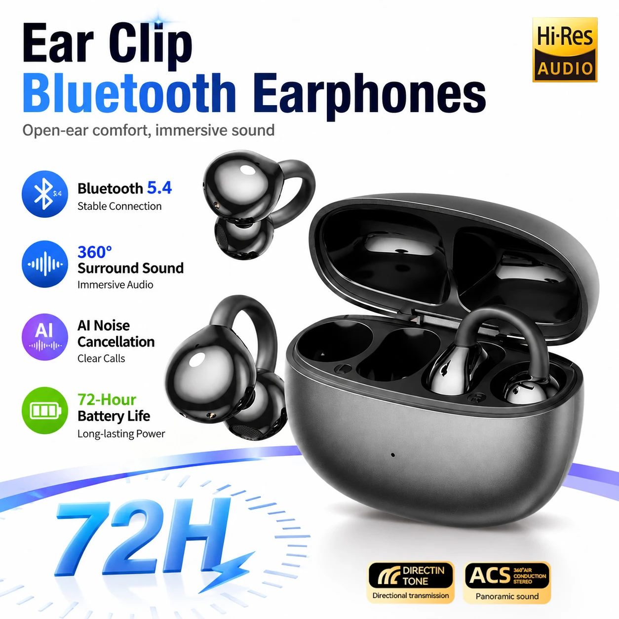 Choice TWS-M108 Ear Clip Earphones HiFi Wireless Bluetooth Headphones with AI Noise Reduction Open-ear Headset Total 72-Hour