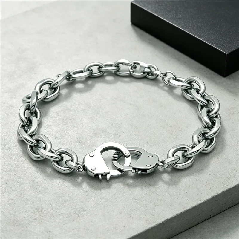Kalen Edelstahl-Handschellen-Armband für Männer, Punk-Stil, Polierte Ovale Kette, Rock-Biker-Party-Schmuck, Geburtstagsgeschenk – Detail 9