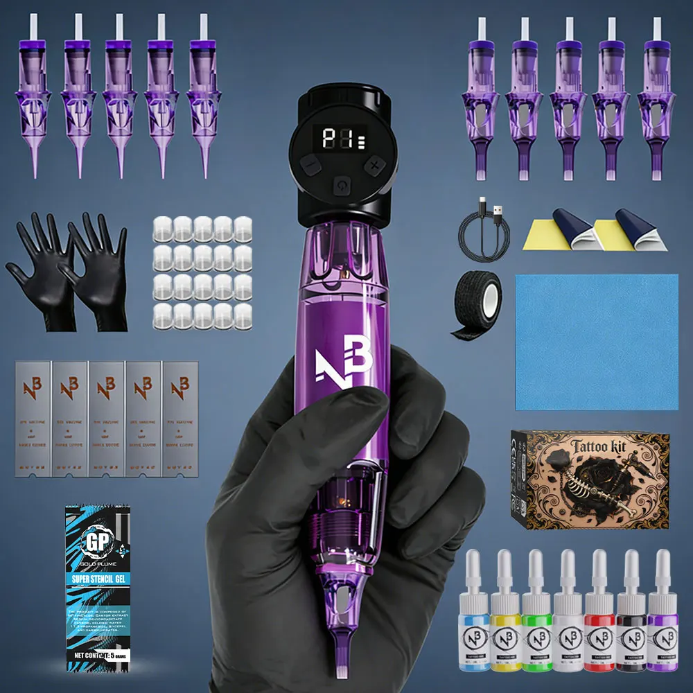 Goldplume Tattoo Kit High Power Tattoo Pen Set Permanent Makeup Tattoo Machine Set Purple Tattoo Power Supply Tattoo Gun Set