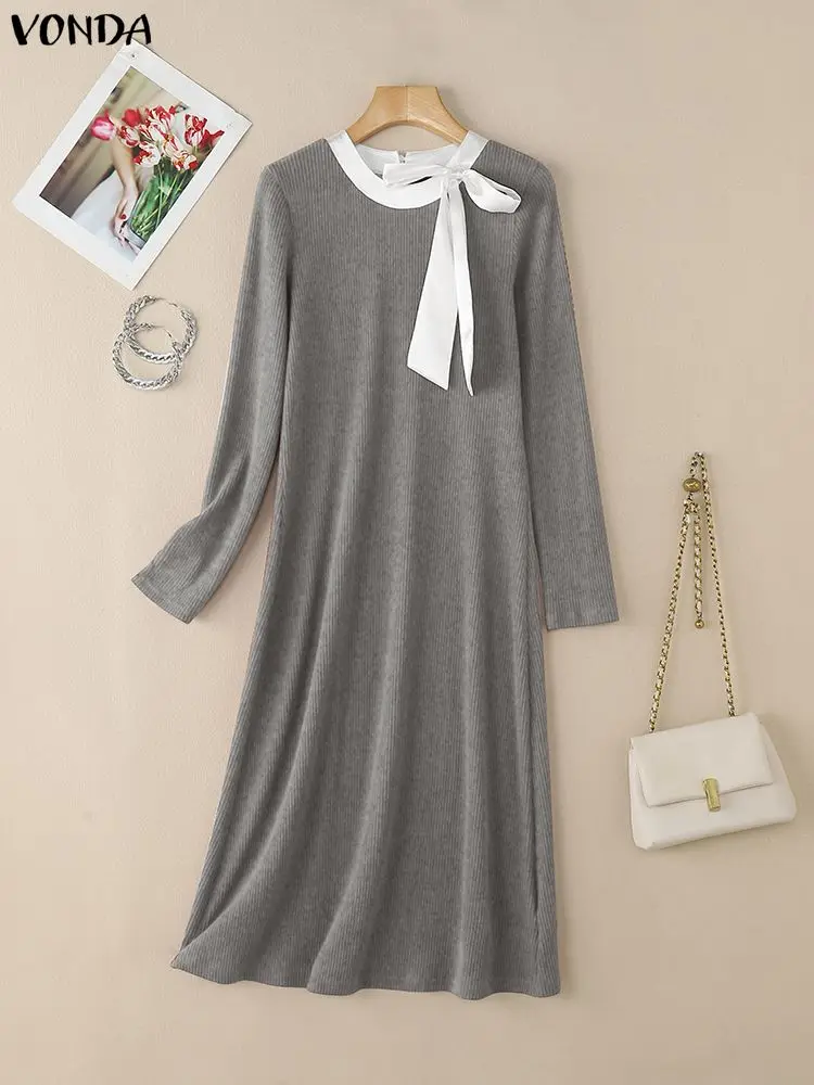 VONDA Women Elegant Party Dresses O-Neck Bow Knitted Sweater Vestidos 2025 Autumn Patchwork Long Sleeve Knitwear Long Shirt Robe