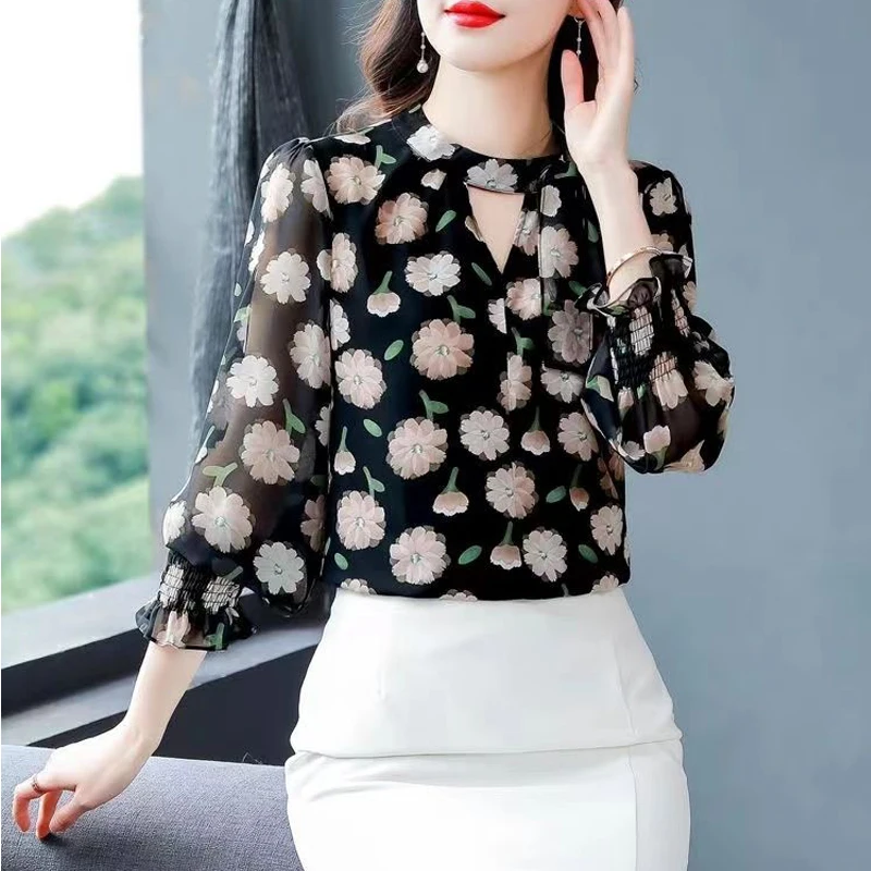 Women Hollow Lace Up Floral Print Elegant Chiffon Blouse Spring Summer Fashion Casual Sweet Thin Shirts Long Sleeve Tops Female