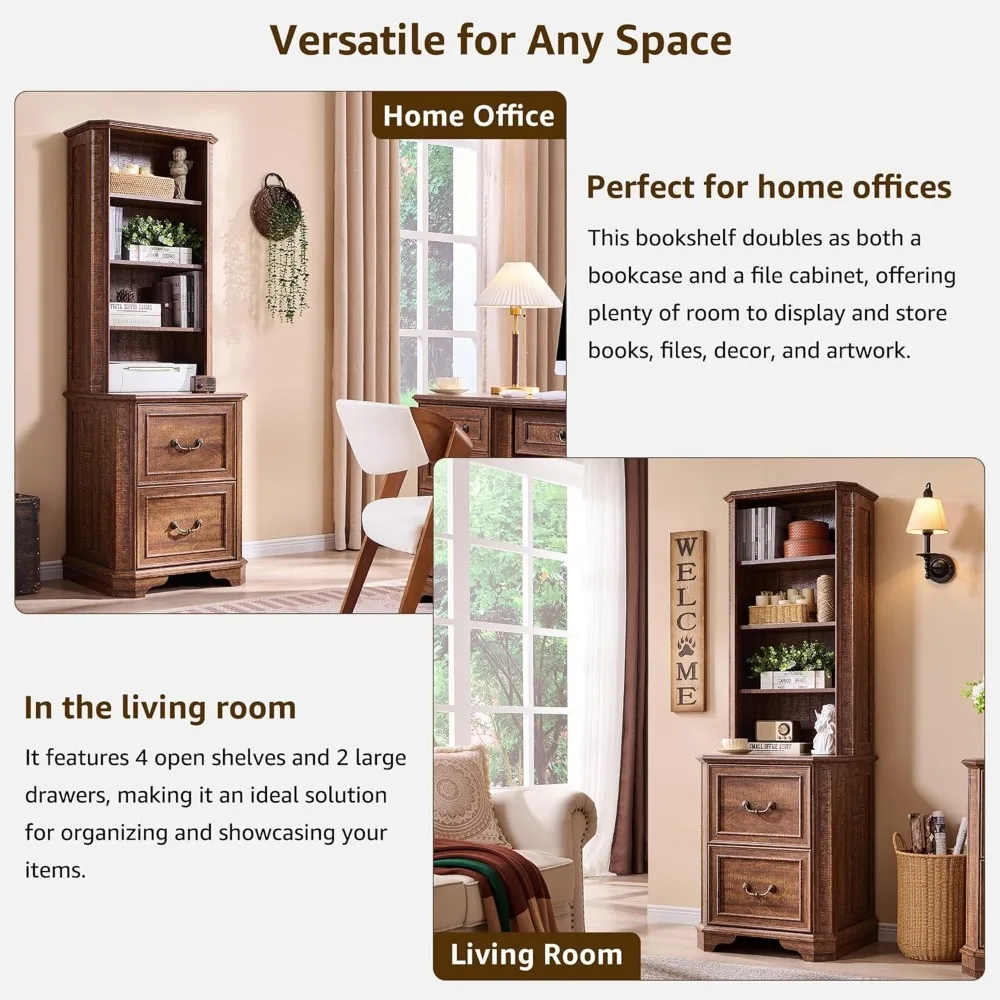 خزانة كتب مكونة من 6 طبقات مع درجين للملفات، ورف كتب للمزرعة بطول 72 بوصة مع مساحة تخزين وأرفف قابلة للتعديل، وأرضية خشبية قائمة #5