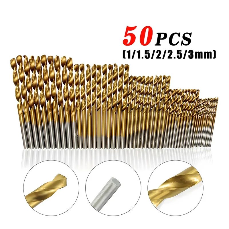 50pcs per set twist drill bit set saw set HSS high steel titanium coated drill woodworking tools 1mm/1.5mm/2mm/2.5mm/3mm