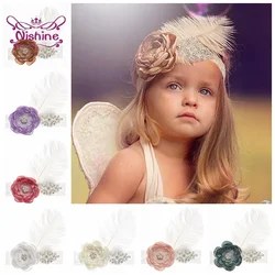 1PCS Girls Rhinestone Flower Headband Elastic Lace Hair Bands Feather Fabric Floral Party Kids Headwear Photography Props