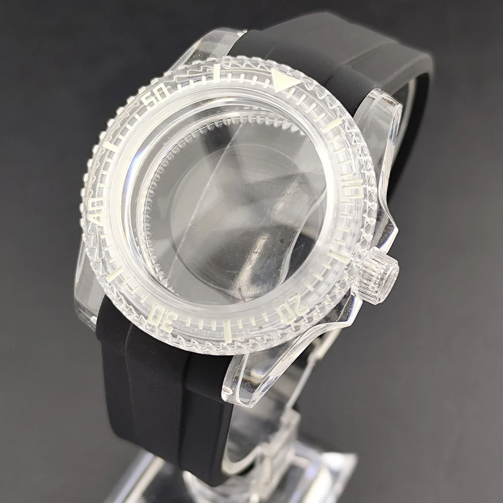 40mm acrylic case green luminous transparent unidirectional rotating case fits NH35 movement 20mm rubber strap watch accessories