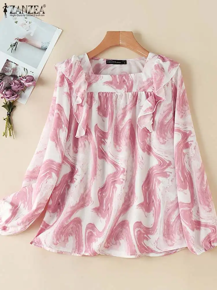 ZANZEA Women Tops 2024 Year Autumn New Arrival Square Neck Long Sleeve Flounce Blouse Gradient Tie Dye Casual Loose Shirts