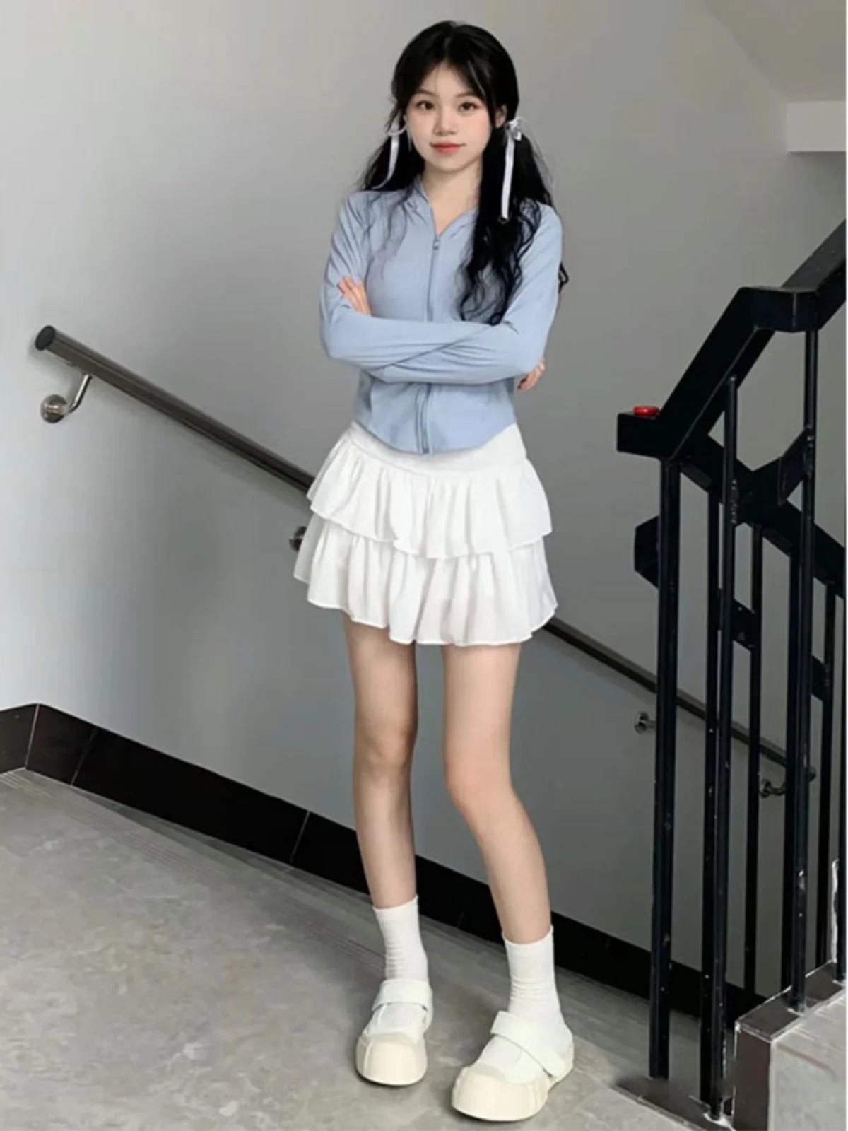 ホワイトダブルレイヤーケーキスカートレディース夏新作ハイウエストスリムバレエスカートAラインふわふわf丈スカートイン