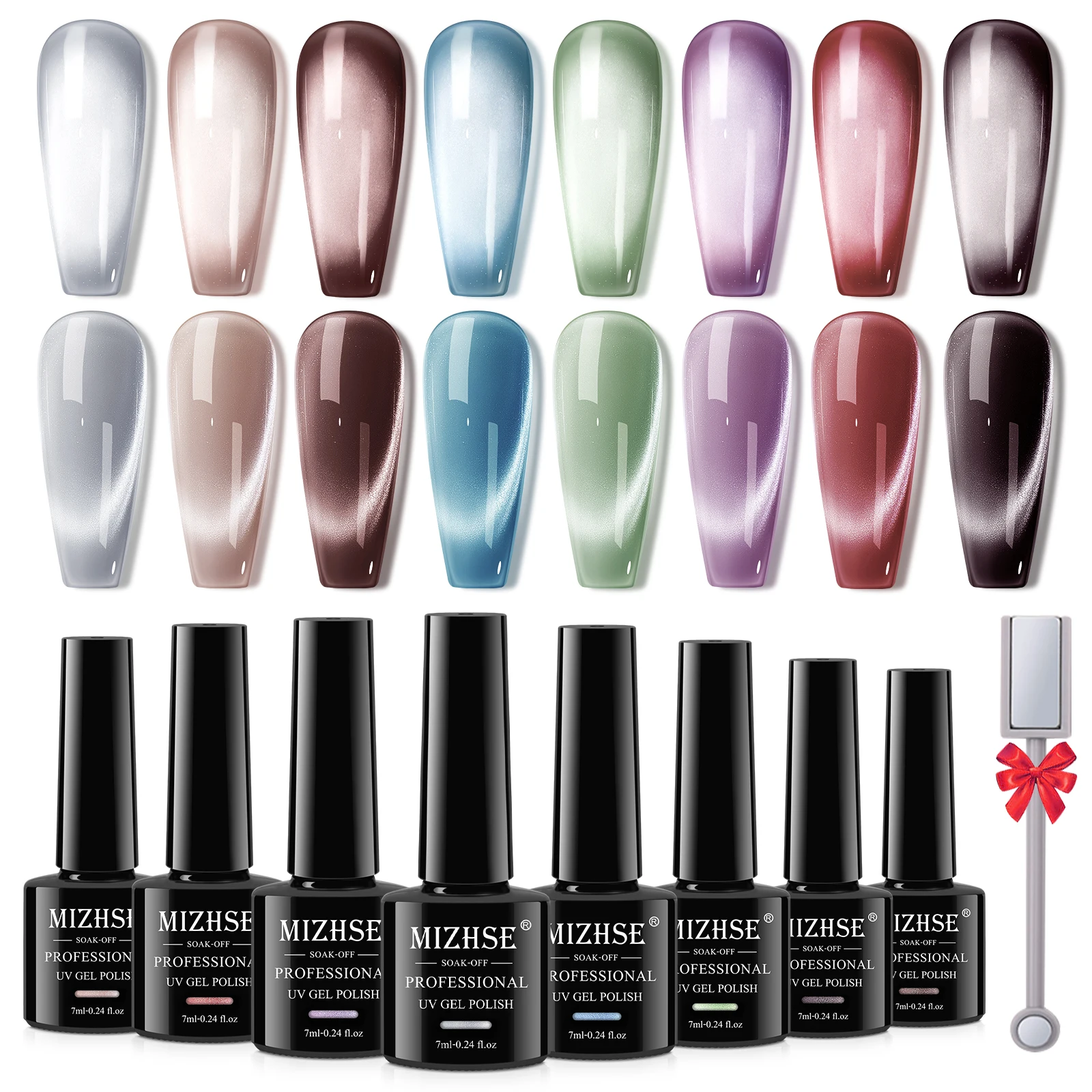 

MIZHSE Cat Eye Gel Nail Polish 8 Colors Set, Magnetic UV Led Gel Polish with Magnet Stick, Soak Off Nail Art Gift For Women