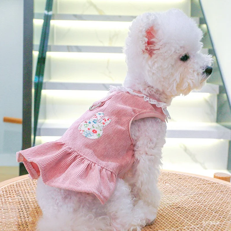 1PC Pet Clothing Cat Dog Spring and Autumn Thin Pink Rabbit Princess Dress with Towing Strap, Suitable for Small and Medium Dogs