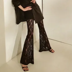 BKLD Halloween Sexy Trousers Streetwear Bottoms Club Party Outfits for Women Fashion Hollow Out Lace Sheer Flare Pants